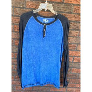 BKE 3 Button Henley Large Long Sleeve Baseball Jersey Shirt Sky Navy Blue Sharp